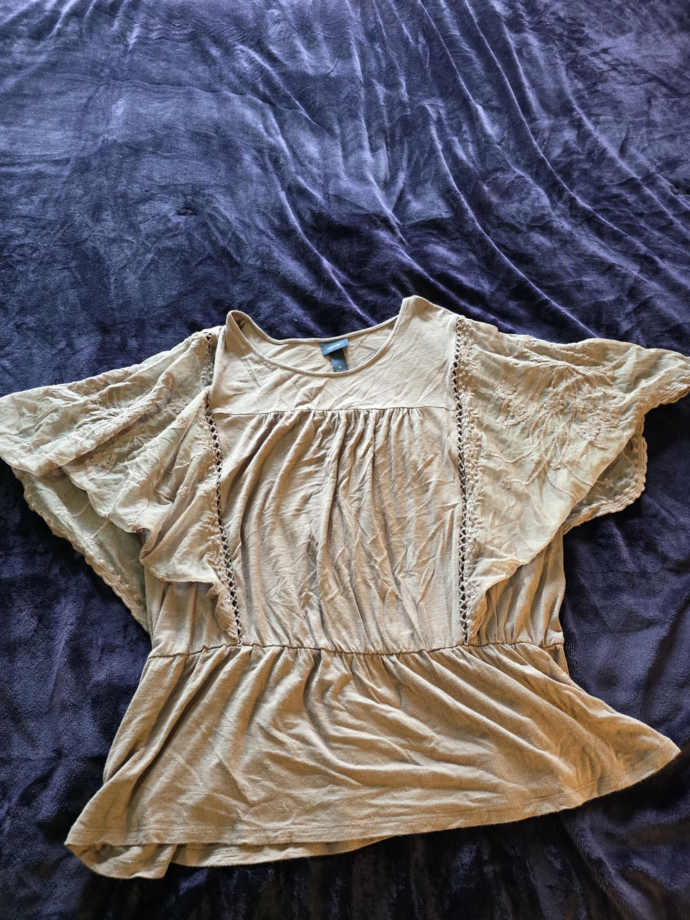 Daytrip XL Beige Boho Lace Flutter Sleeve Peplum Top Blouse